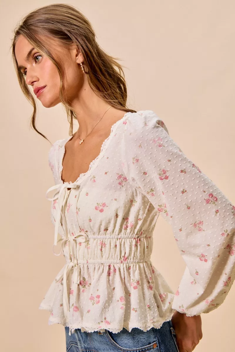 Floral Clip Dot Lace Trim Ruched Bodice Blouse, image 13