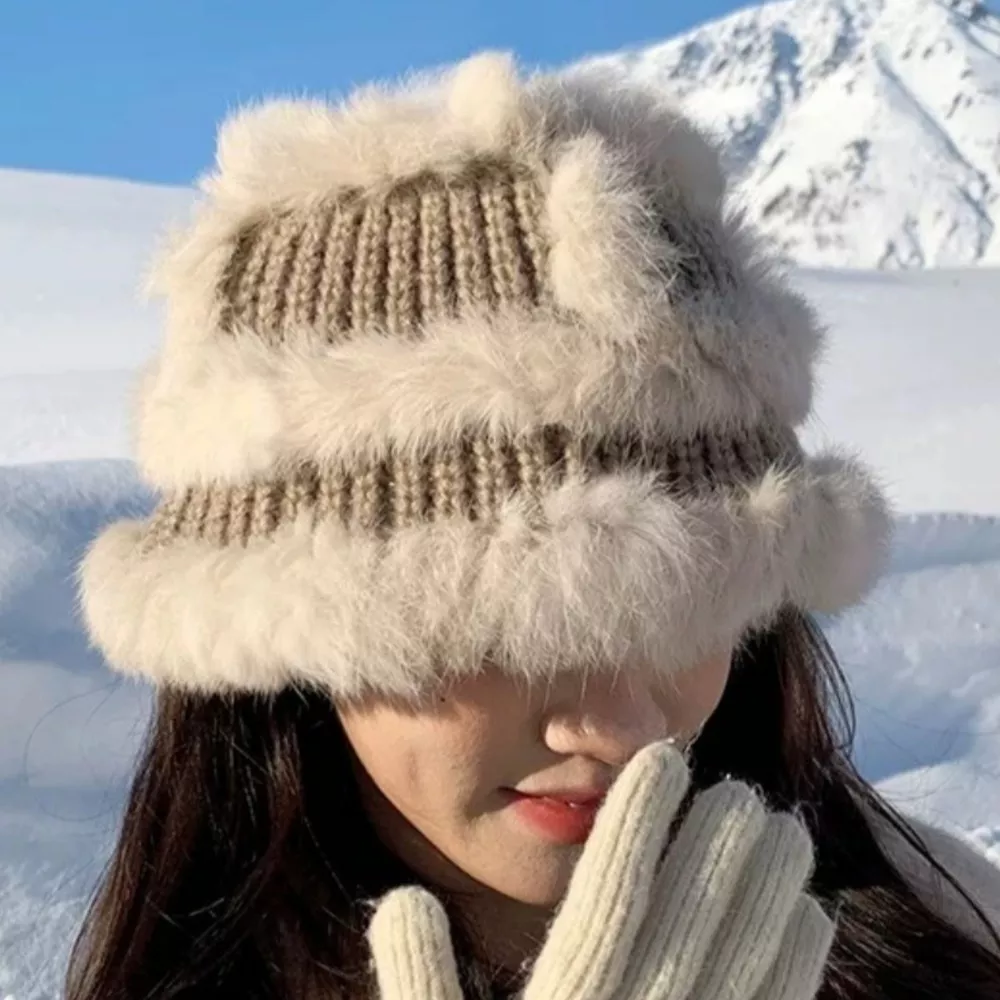 Fluffy Faux Fur Trim Knit Bucket Hat, image 2
