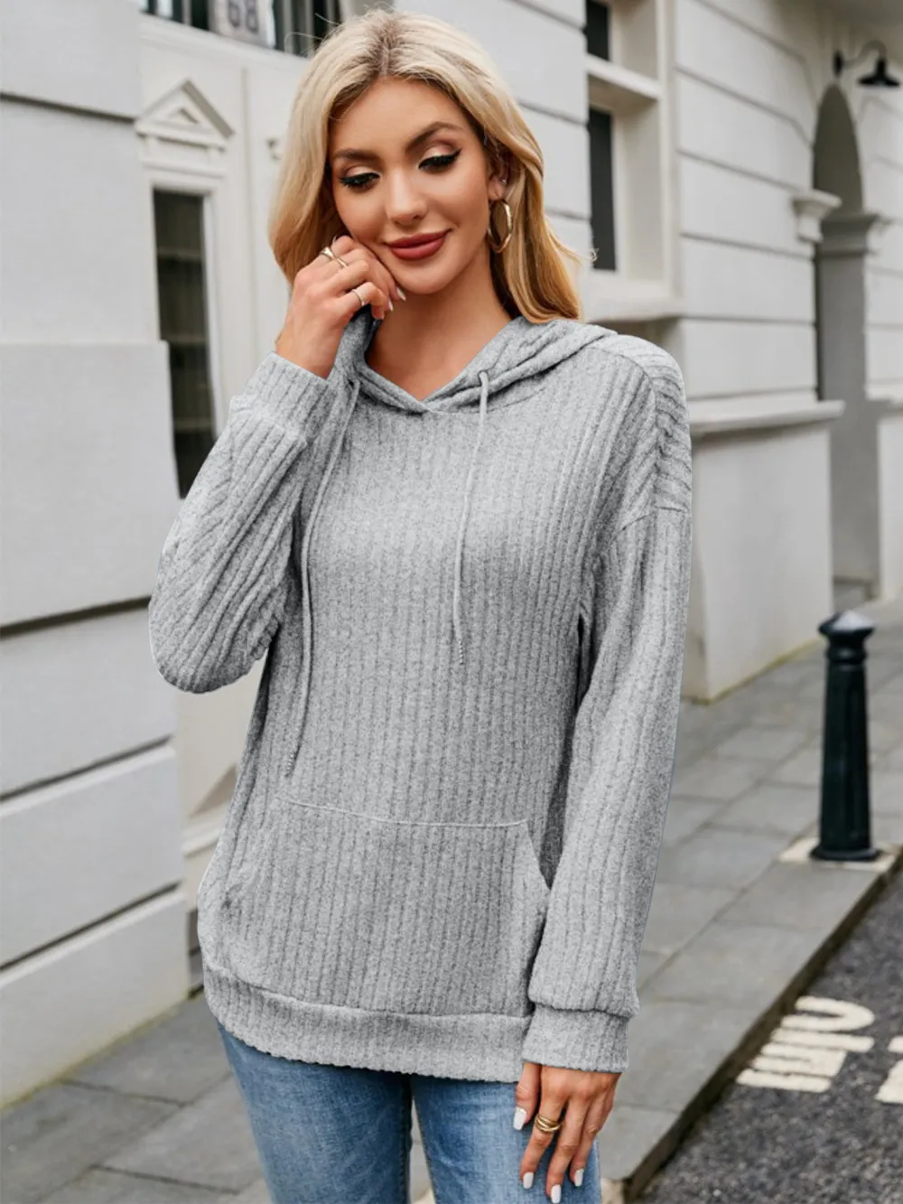 Ribbed Drawstring Long Sleeve Hoodie, image 19