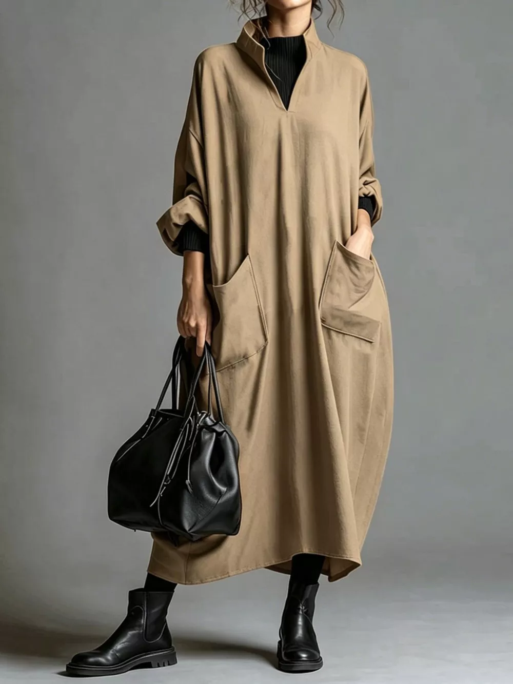 Full Size Loose-Fit Mock Neck Midi Dress with Pockets Plus Size, image 14