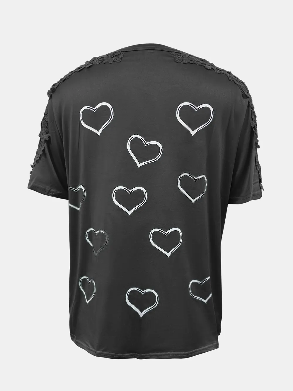Full Size Lace Detail Heart Round Neck Short Sleeve Top, image 2