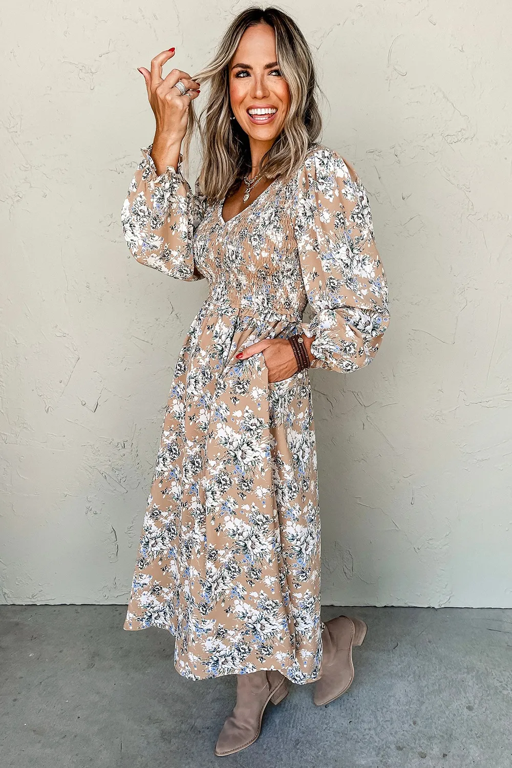 Printed V-Neck Long Sleeve Dress, image 2