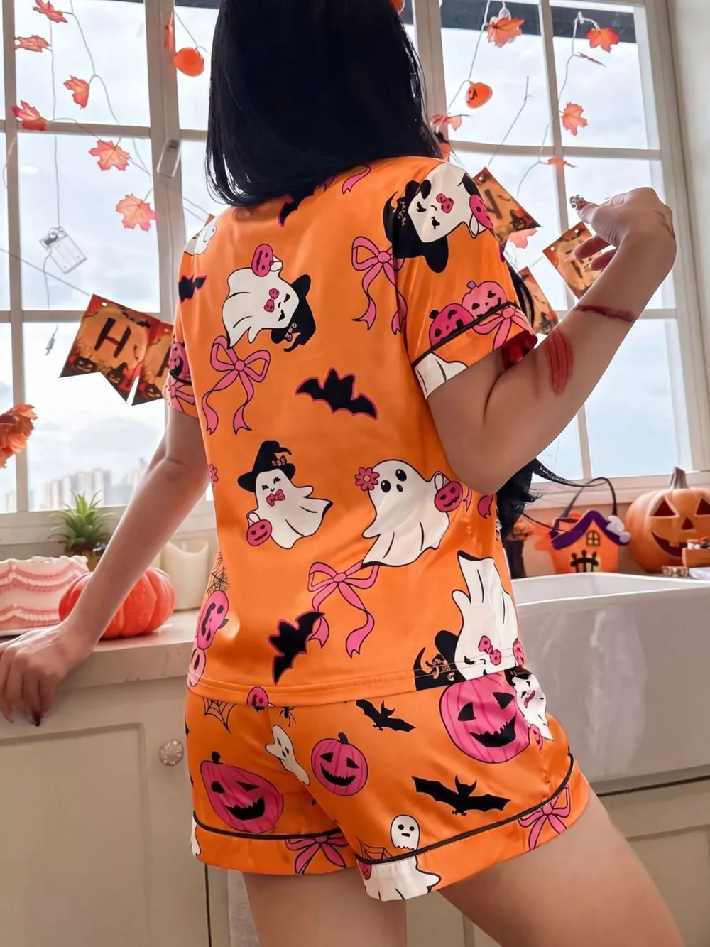 Halloween Ghost Print Button-Down Top and Shorts Lounge Set, image 4