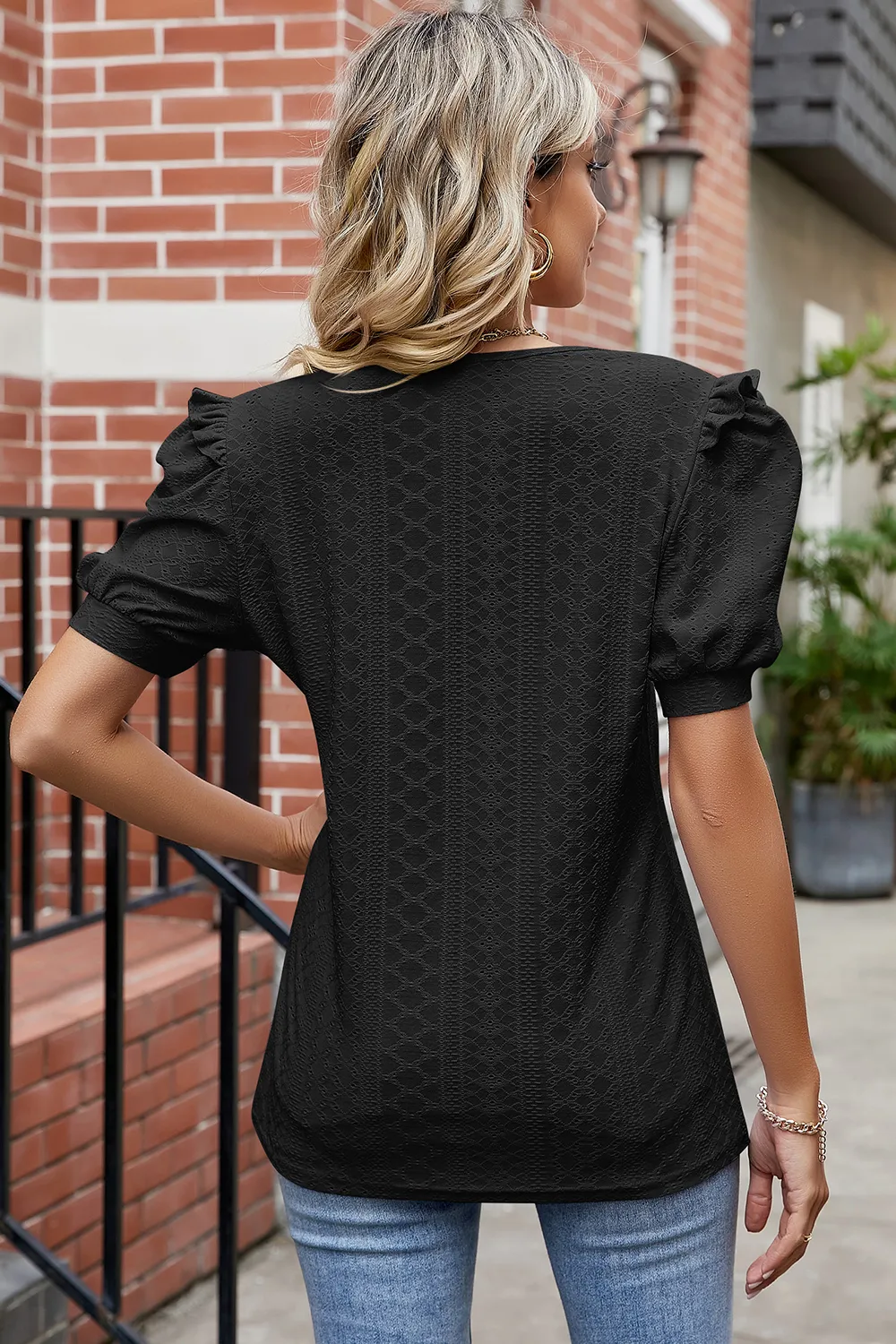 Eyelet Ruffled Round Neck T-Shirt, image 8
