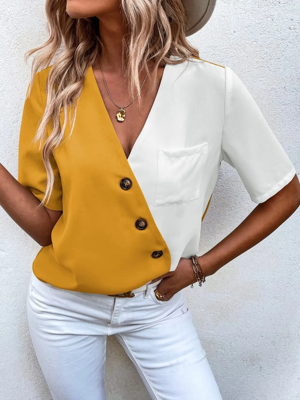 Decorative Button Surplice Short Sleeve Blouse, image 18