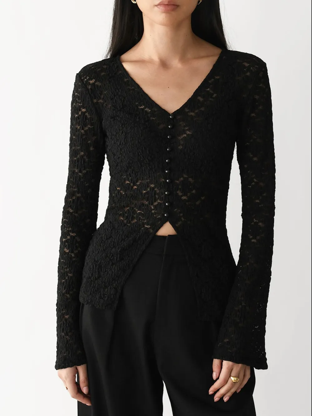 Lace V-Neck Flare Sleeve T-Shirt, image 8