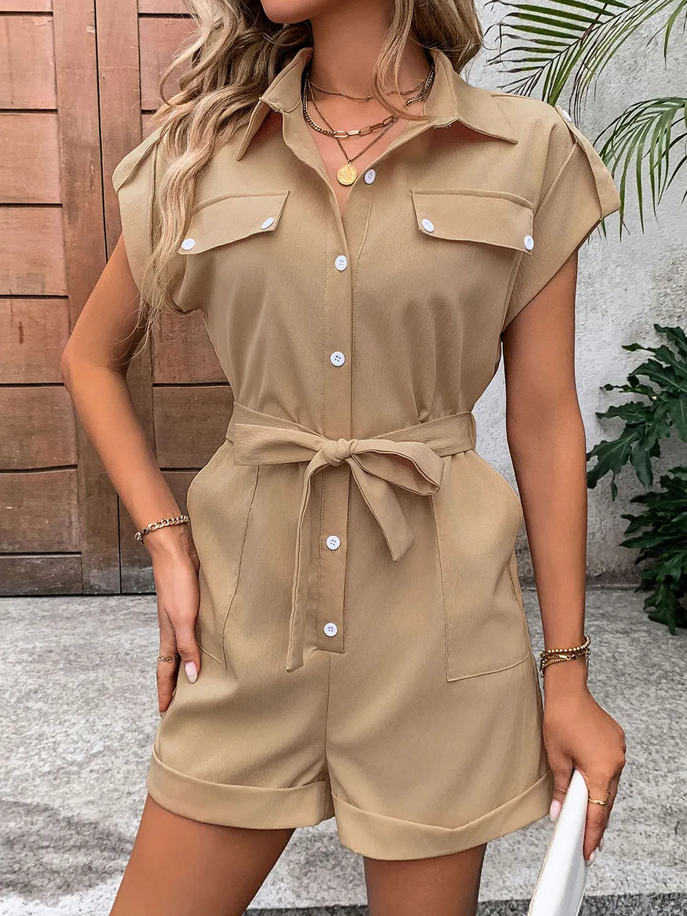 Collared Neck Tie Waist Romper with Pockets, image 3
