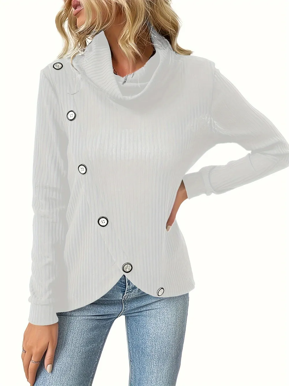 Decorative Button Turtleneck Long Sleeve T-Shirt, image 6