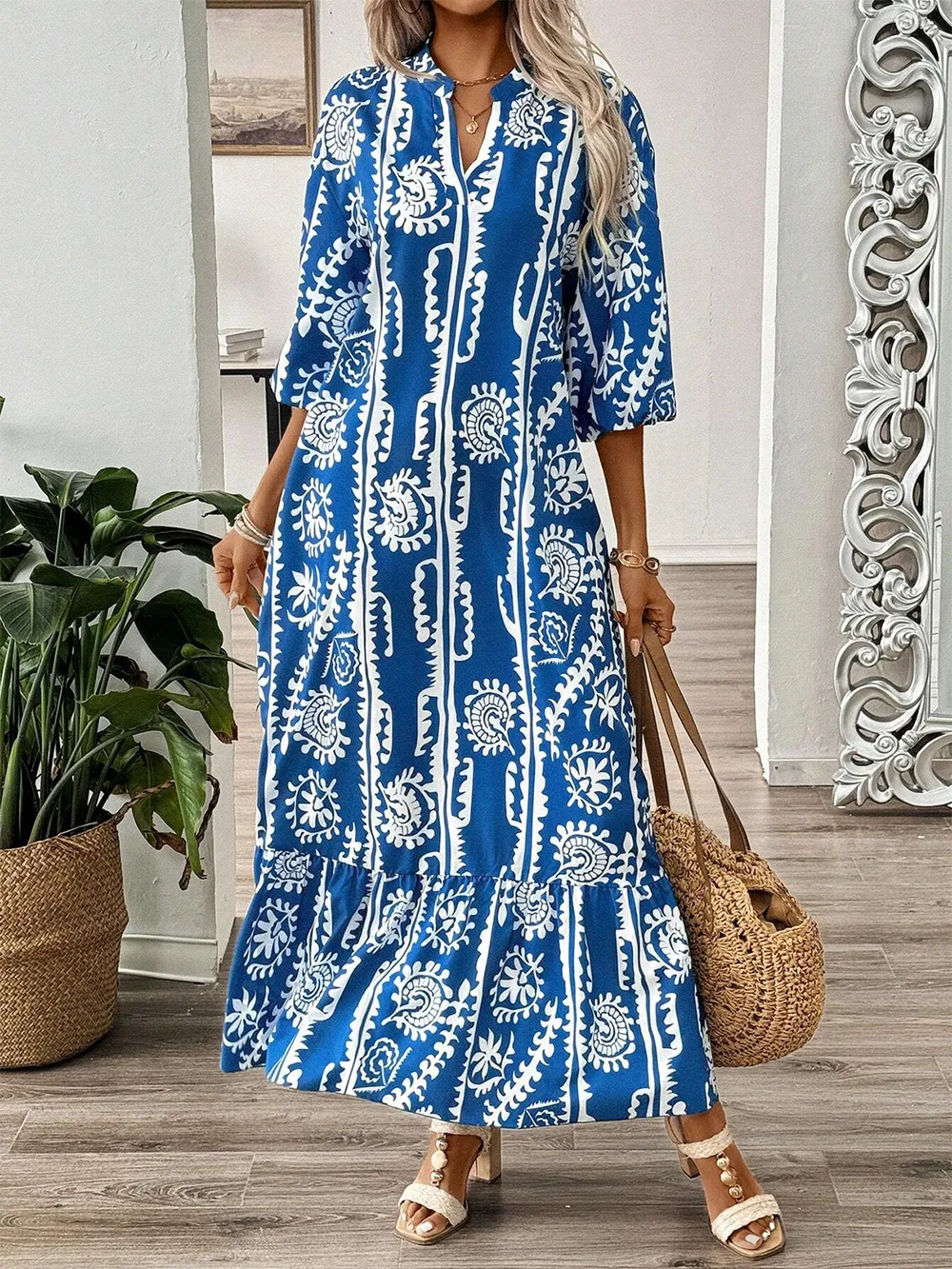 Printed Notched Half Sleeve Maxi Dress, image 2