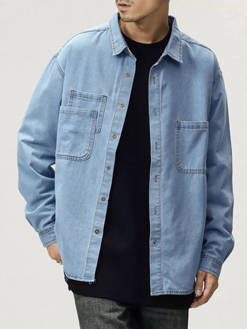 Men's Plus Size Button Up Long Sleeve Denim Shirt, image 7