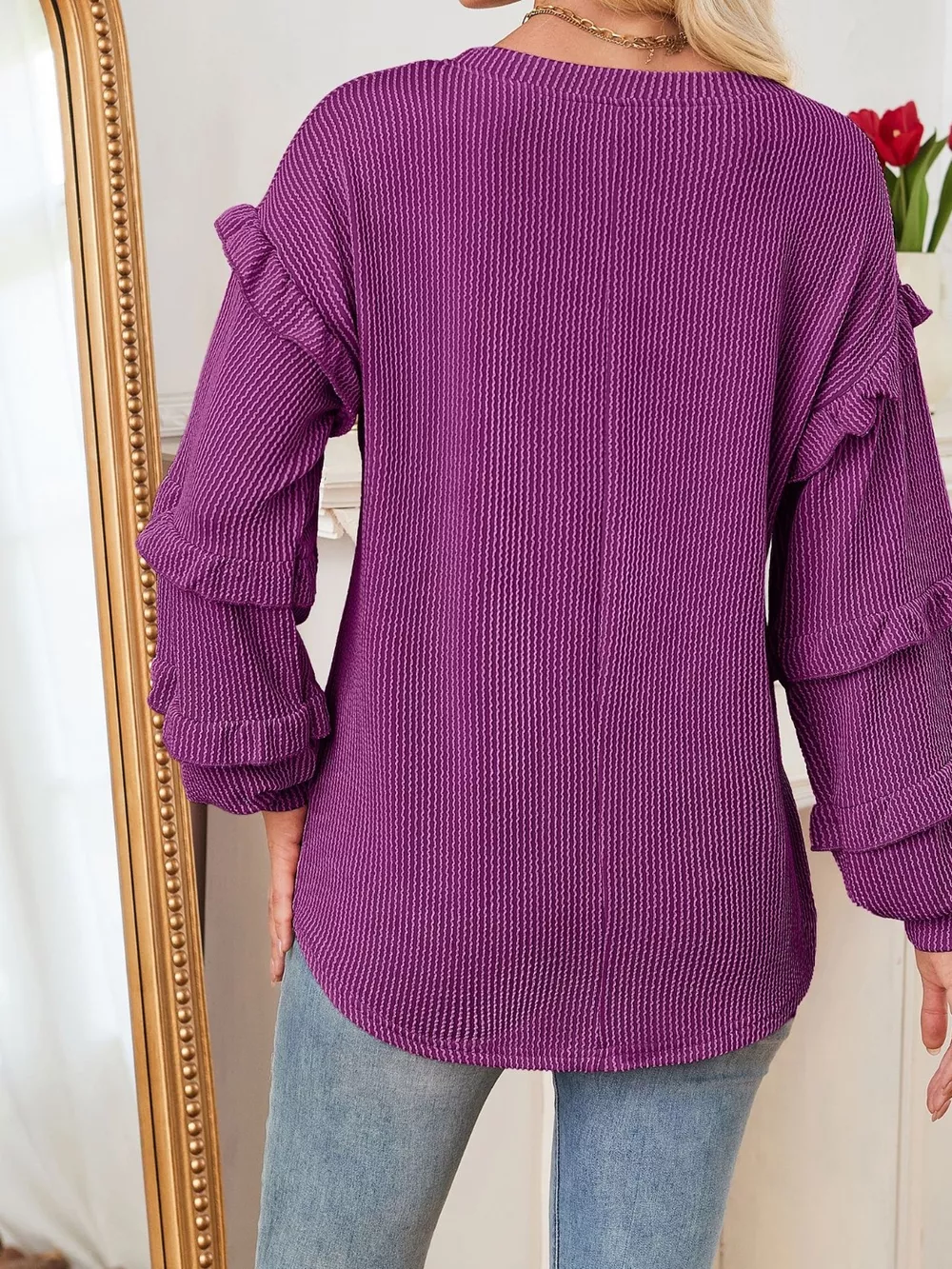 Ruffled Long Sleeve Knit T-Shirt, image 9