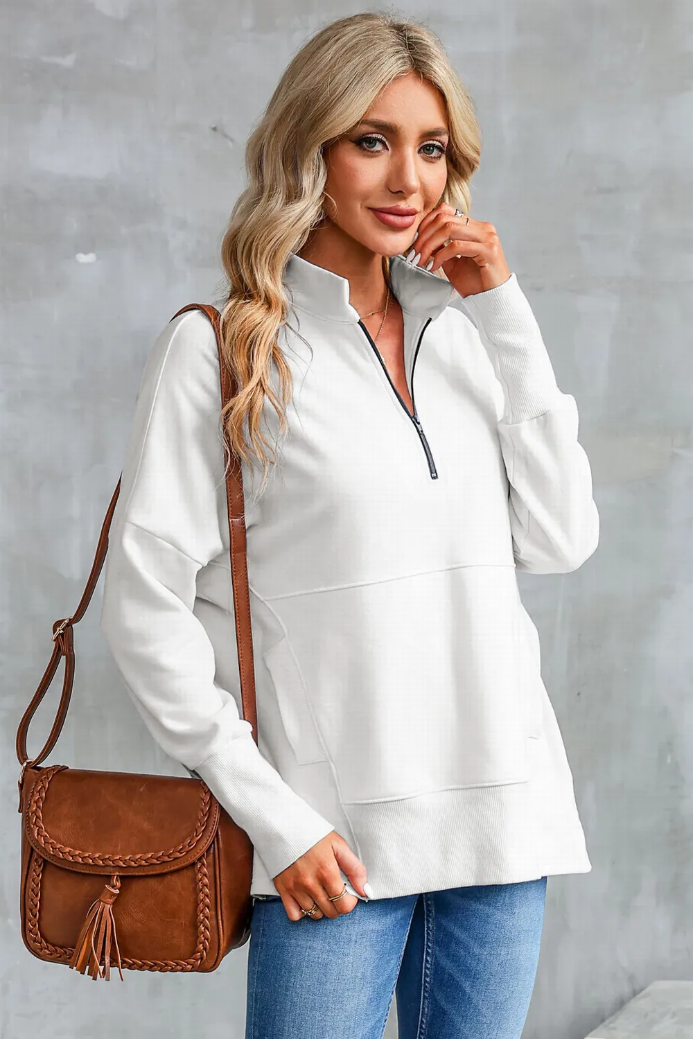 Half Zip Pocketed Dropped Shoulder Sweatshirt, image 7