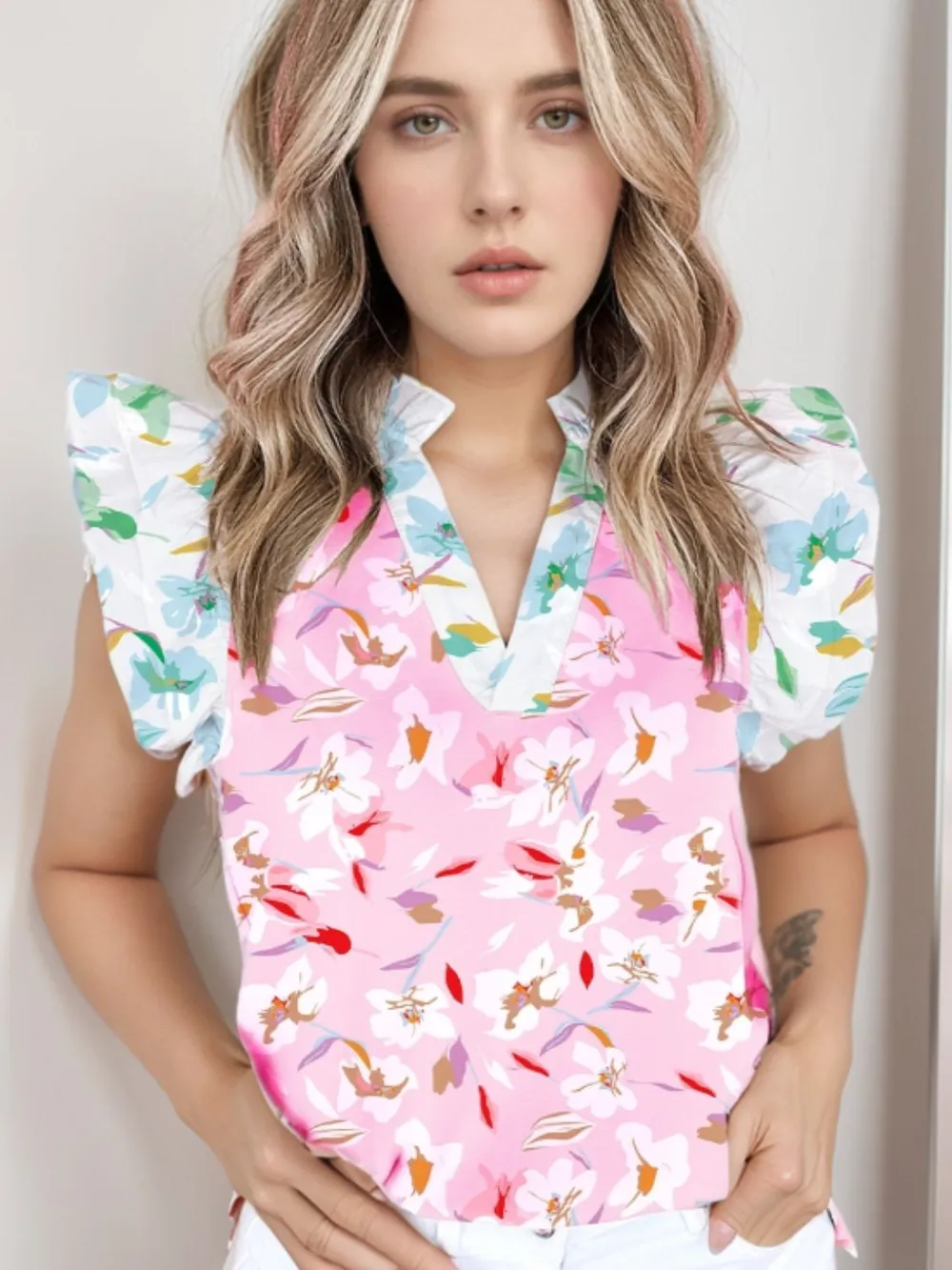 Printed Notched Cap Sleeve Blouse, image 3