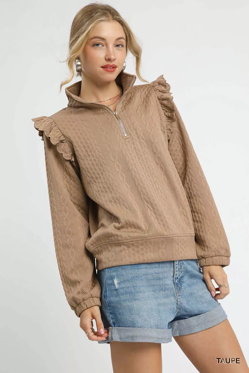 Cable Knit Textured Pullover with Ruffle Shoulders, image 2