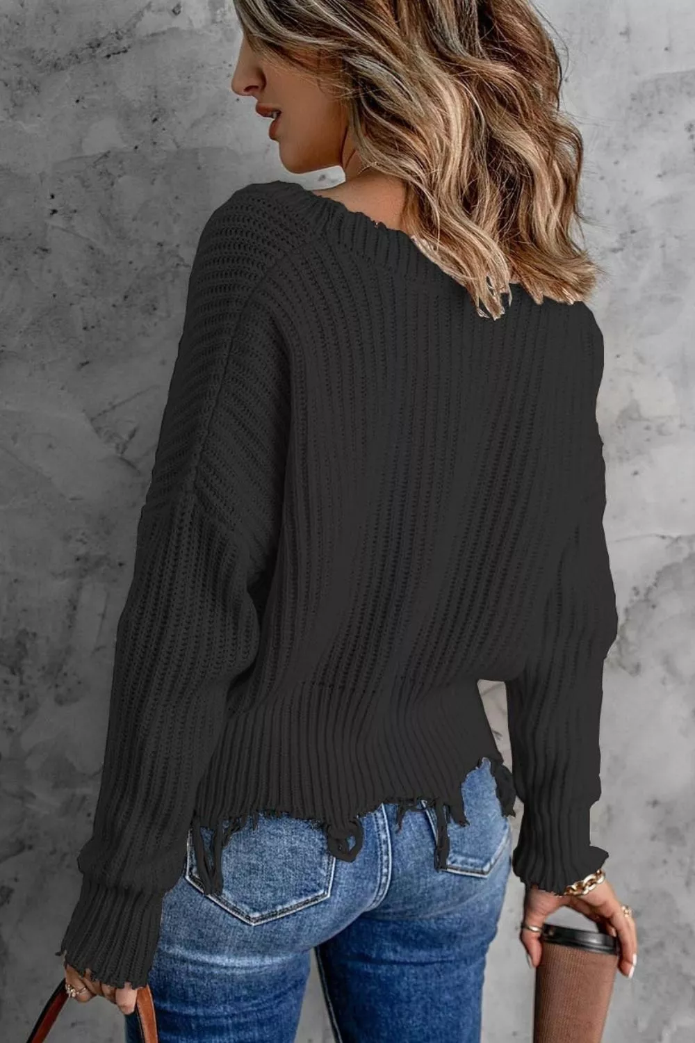 Full Size Raw Hem V-Neck Sweater Plus Size, image 6