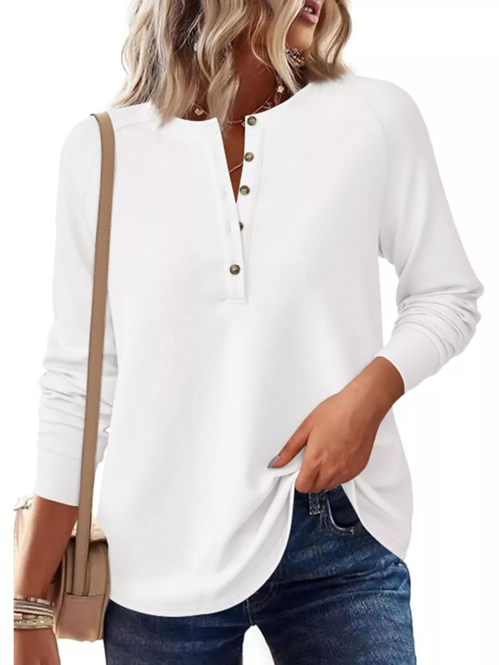 Waffle Knit Henley Long Sleeve T-Shirt, image 8