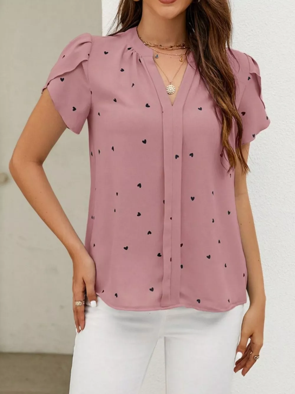 Heart Print Petal Sleeve Blouse, image 4