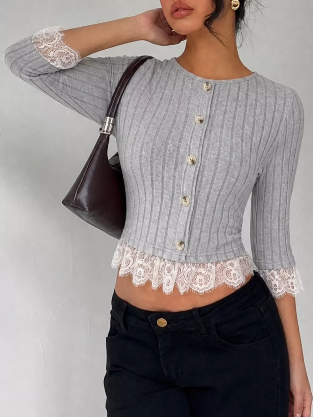 Lace Hem Ribbed Knit Button-Down Top, image 2