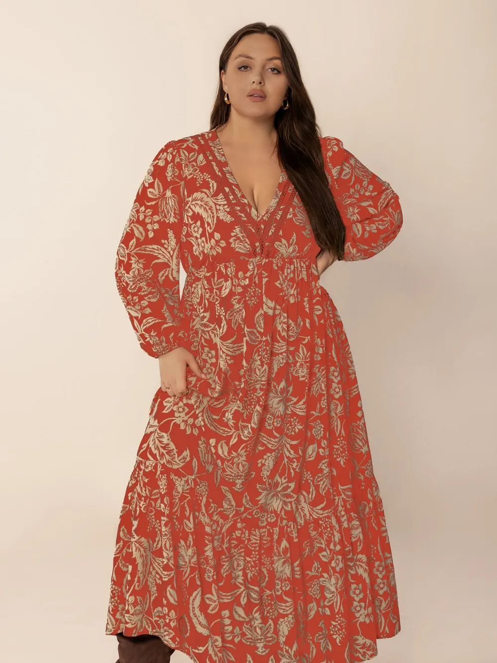 Plus Size Lace Detail Printed Balloon Sleeve Midi Dress, image 2