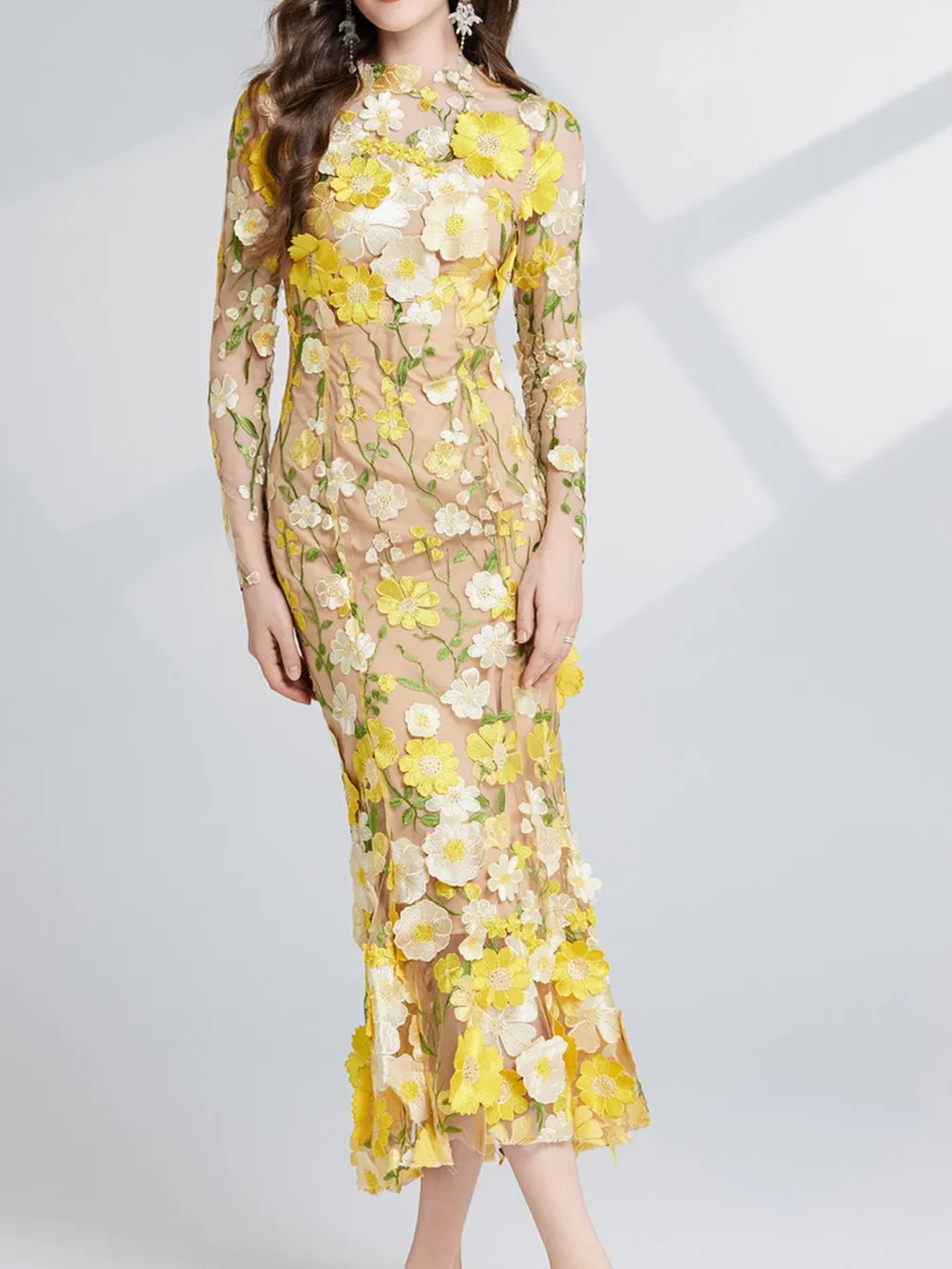 Floral Embroidered Mesh Long Sleeve Midi Dress, image 6