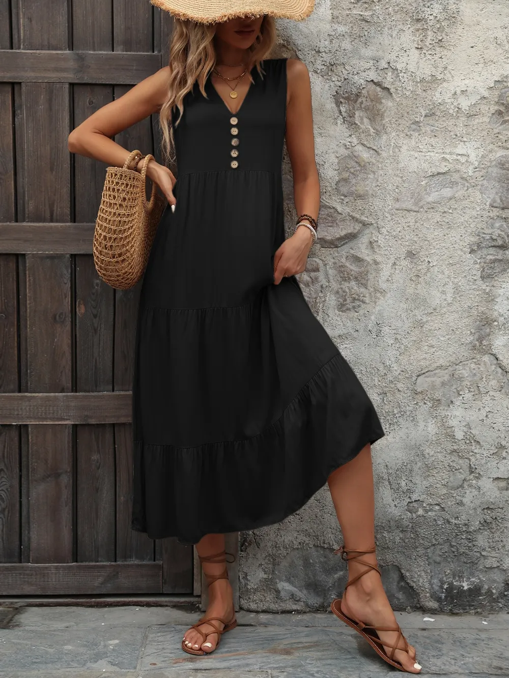 Decorative Button Notched Sleeveless Dress, image 7