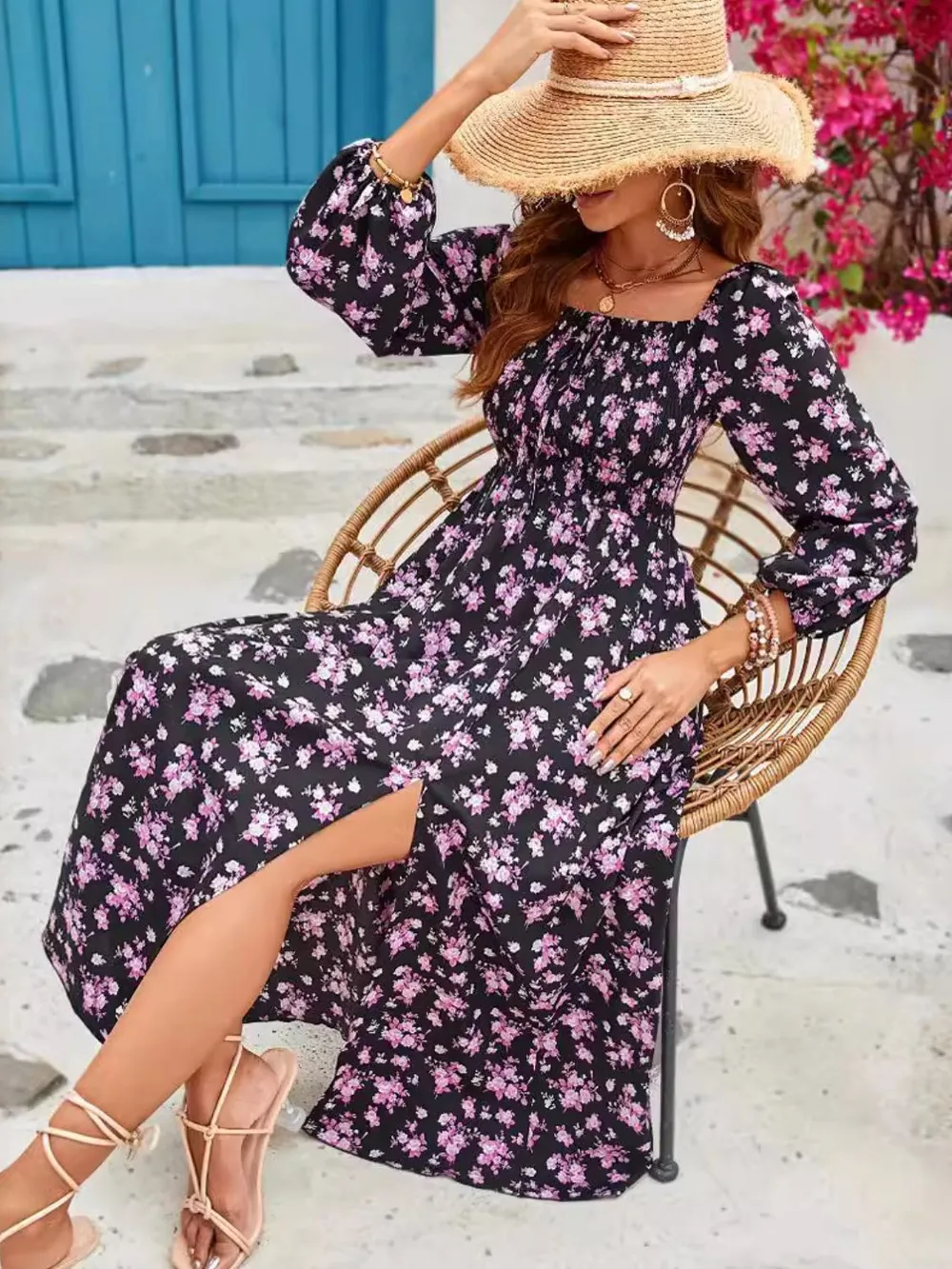 Slit Smocked Floral Square Neck Balloon Sleeve Midi Dress, image 2