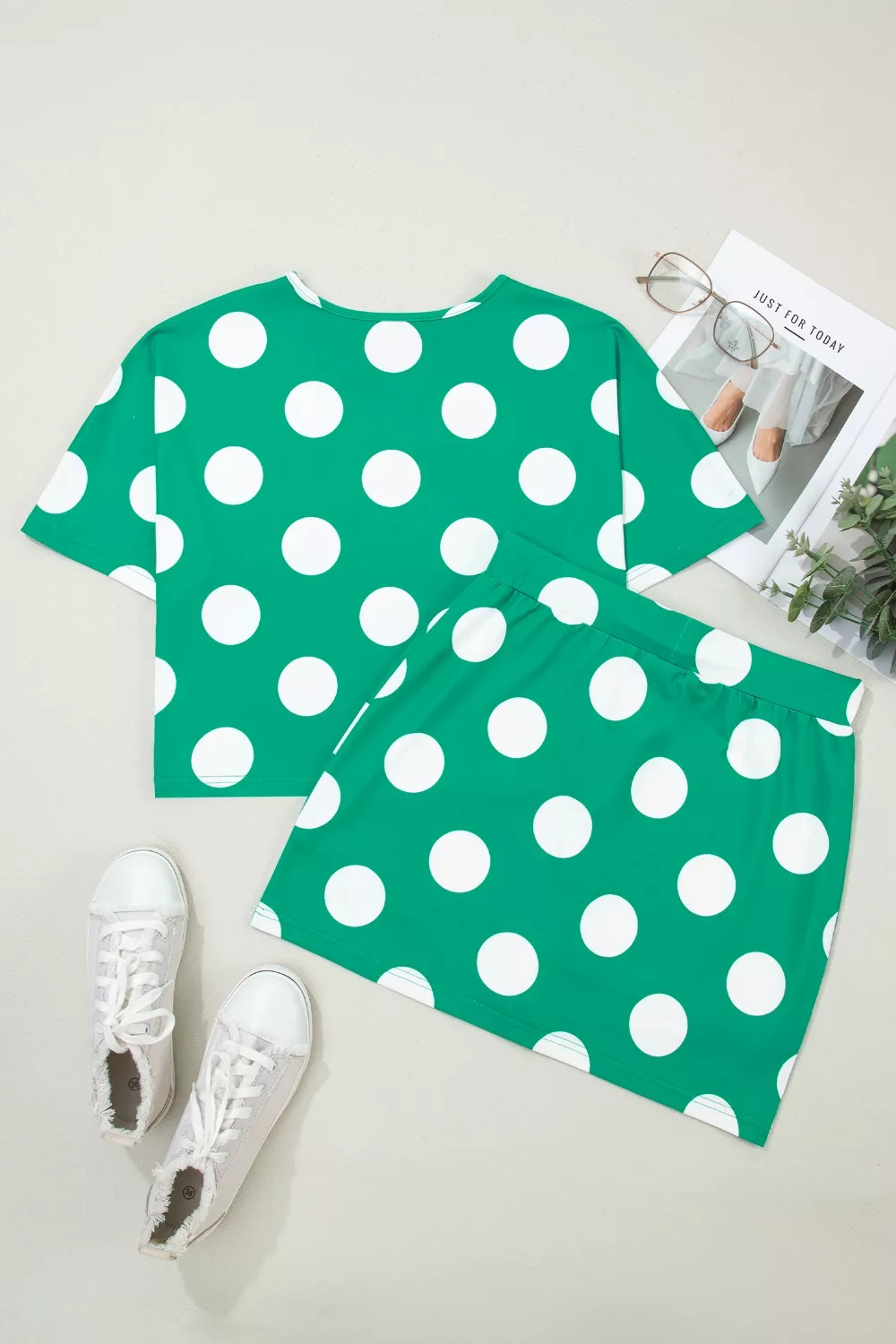 Polka Dot Print Cropped Tee Bodycon Skort 2pcs Set, image 5