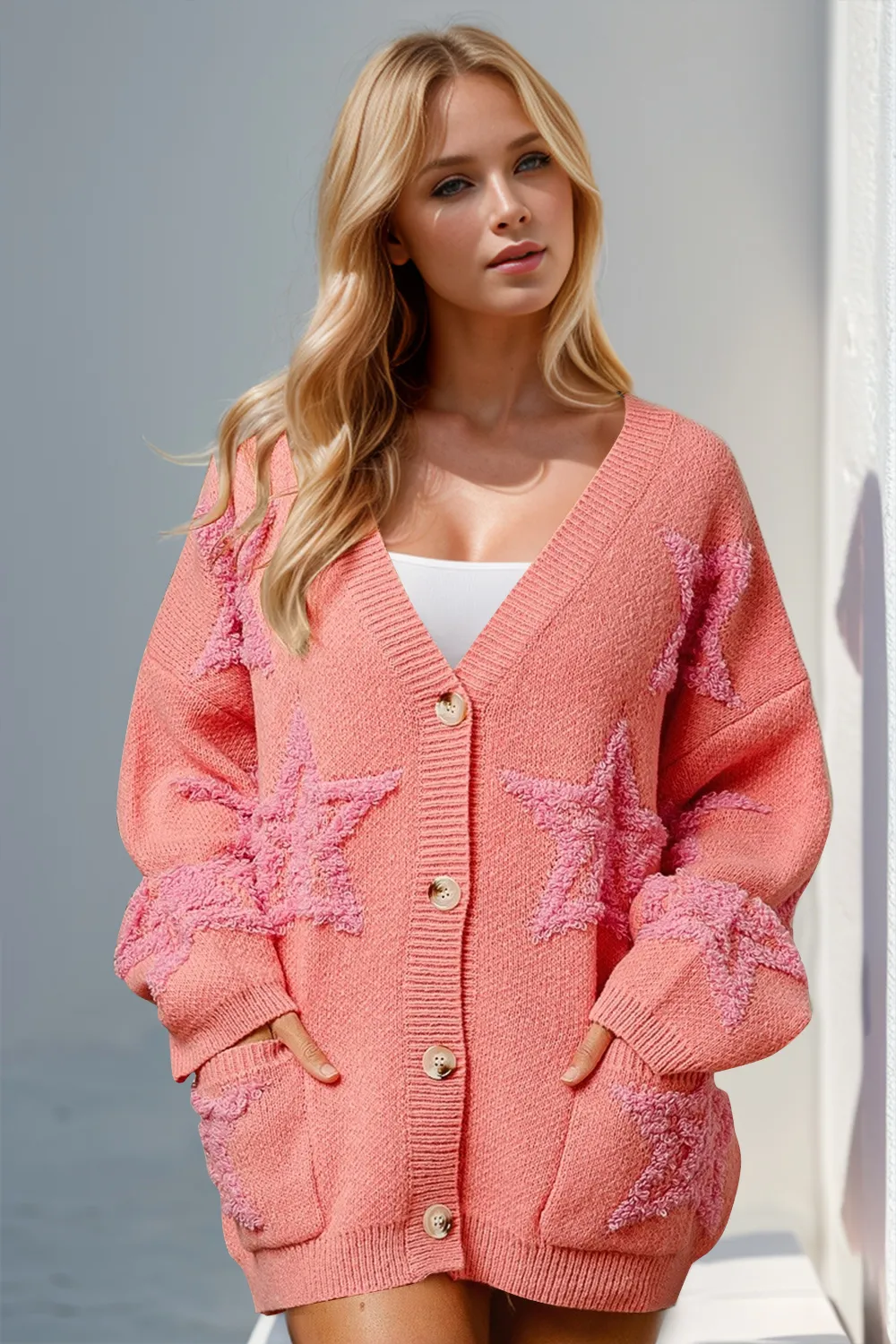 Full Size Button Up Star Pattern Cardigan, image 2