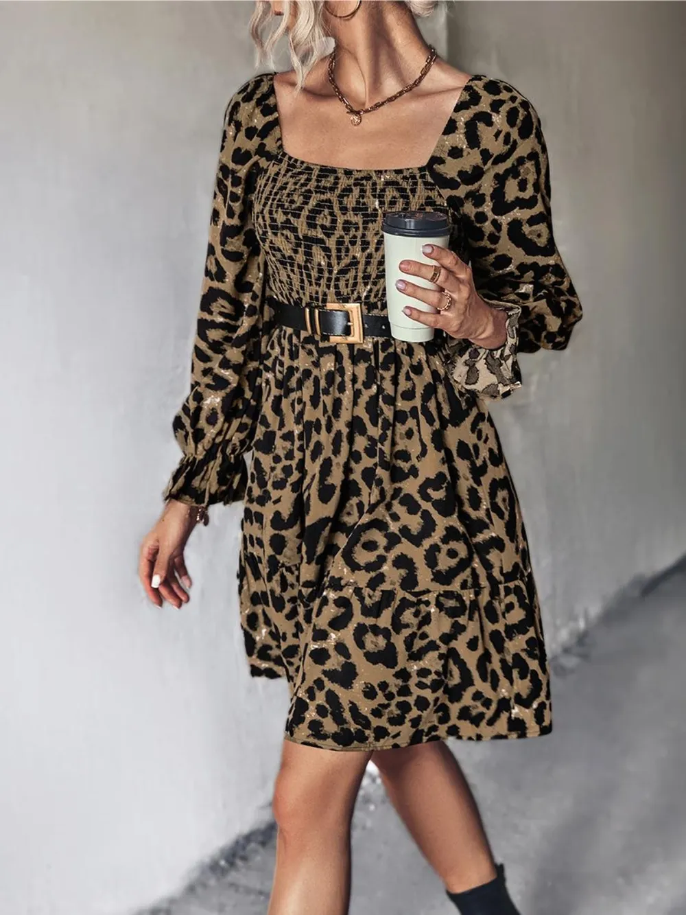 Leopard Smocked Flounce Sleeve Mini Dress, image 3