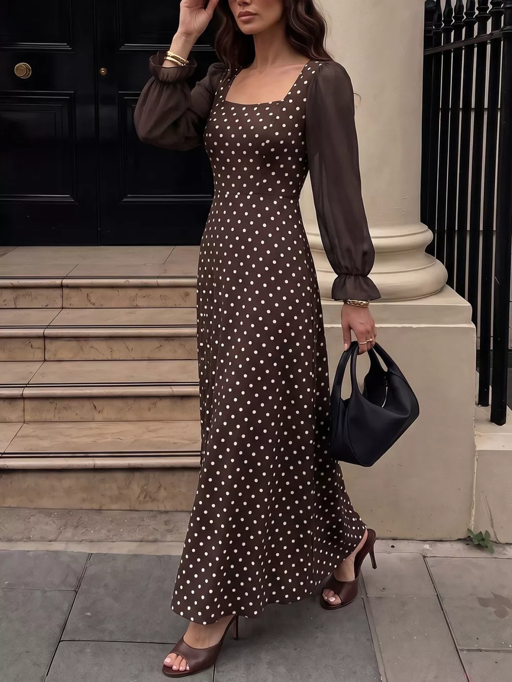 Polka Dot Square Neck Long Sleeve Maxi Dress, image 4