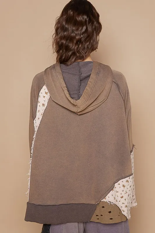 Floral Patchwork Distressed Drawstring Hoodie, image 2