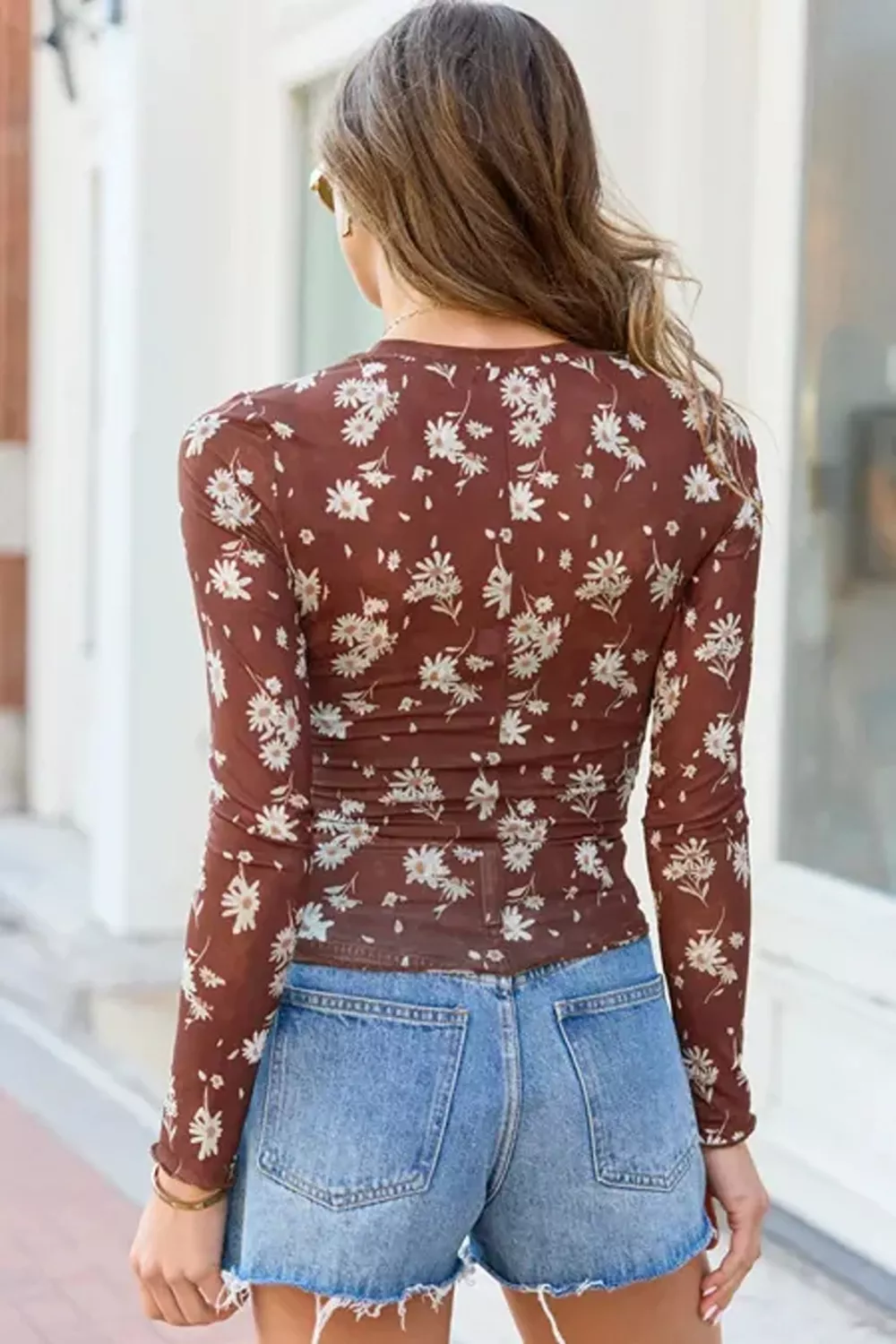 Floral Print Sheer Mesh Long Sleeve Top, image 3