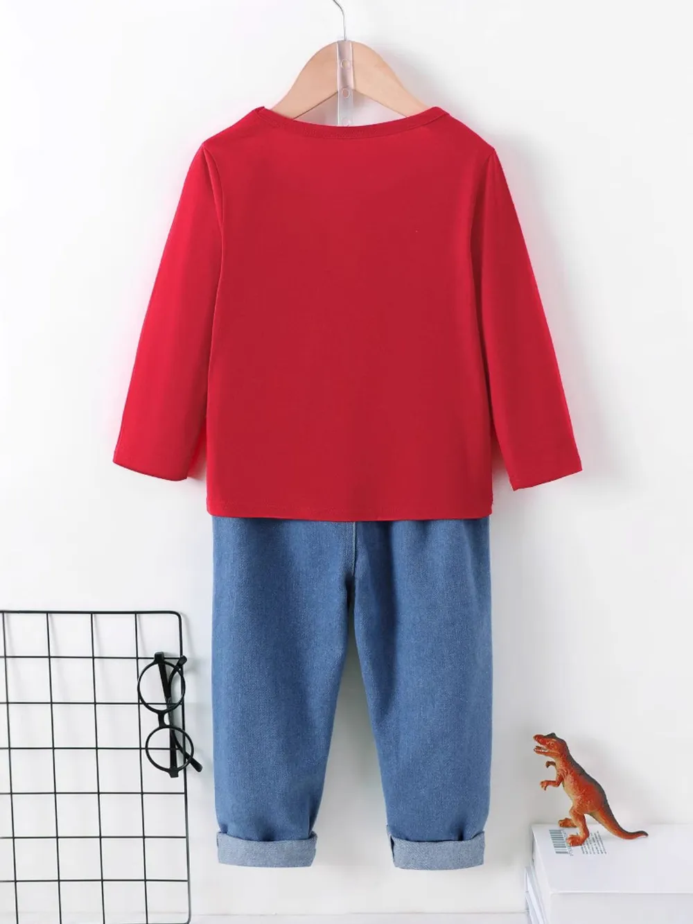 Dinosaur Round Neck Long Sleeve Top and Distressed Pants Set, image 2