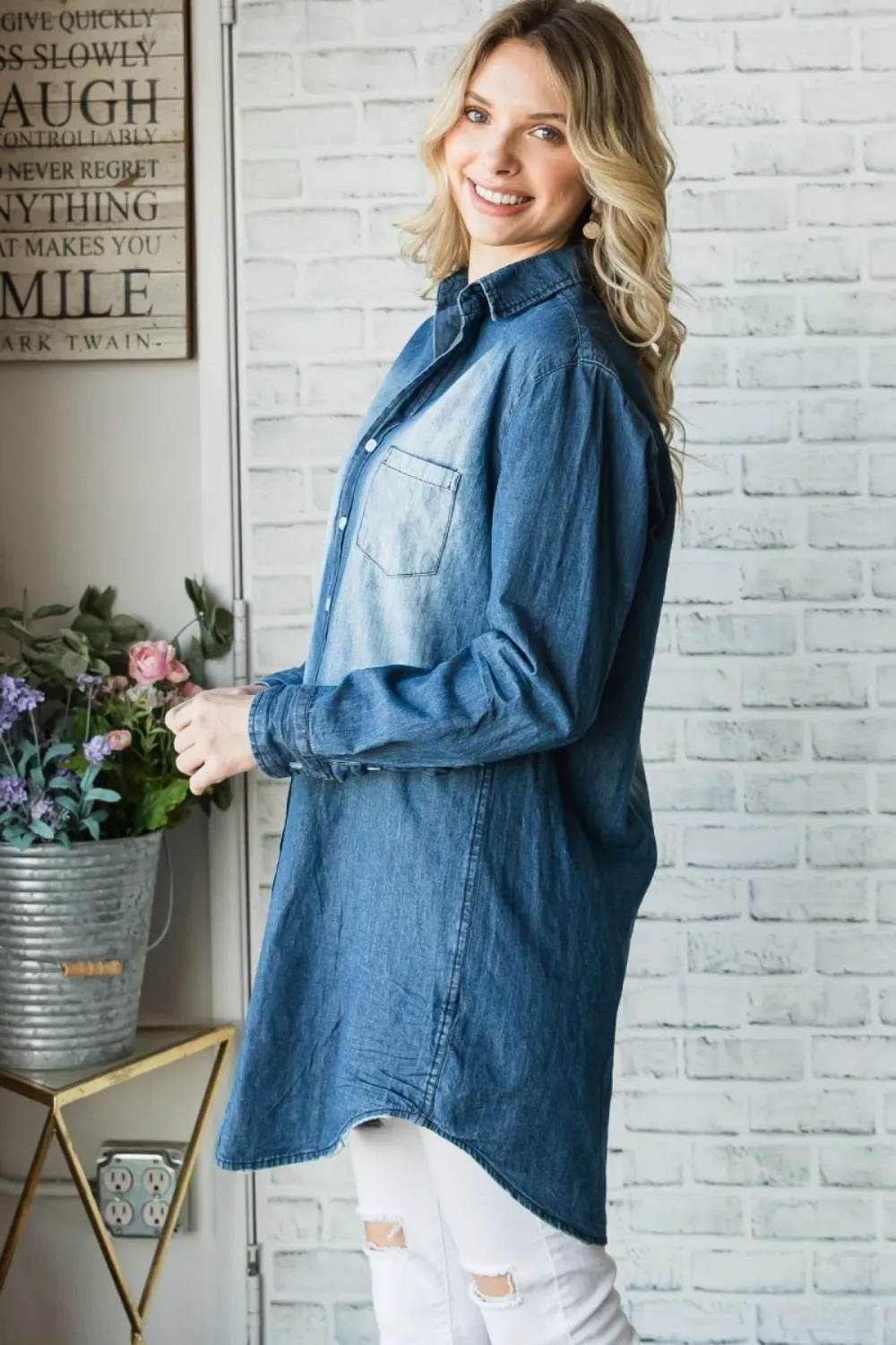 Pocketed Button Up Washed Denim Shirt, image 3