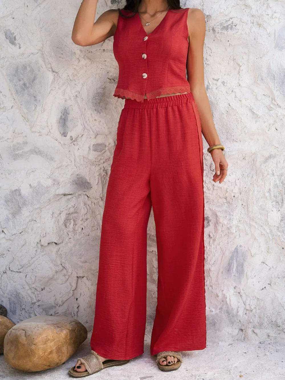 Button Down Lace Detail Vest and Pants Set, image 15