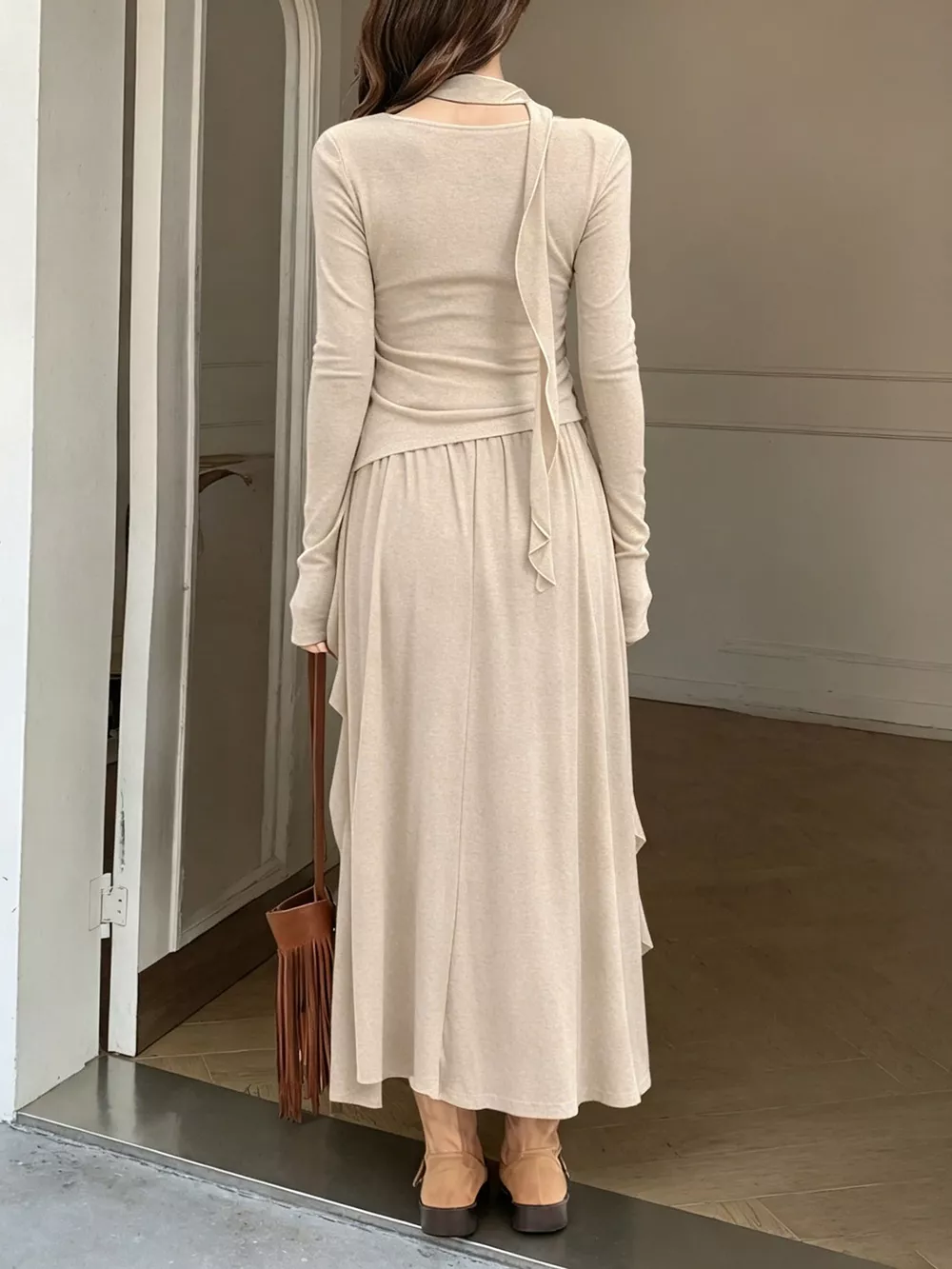 Ruffled Long Sleeve Knit Top and Maxi Skirt Set, image 5