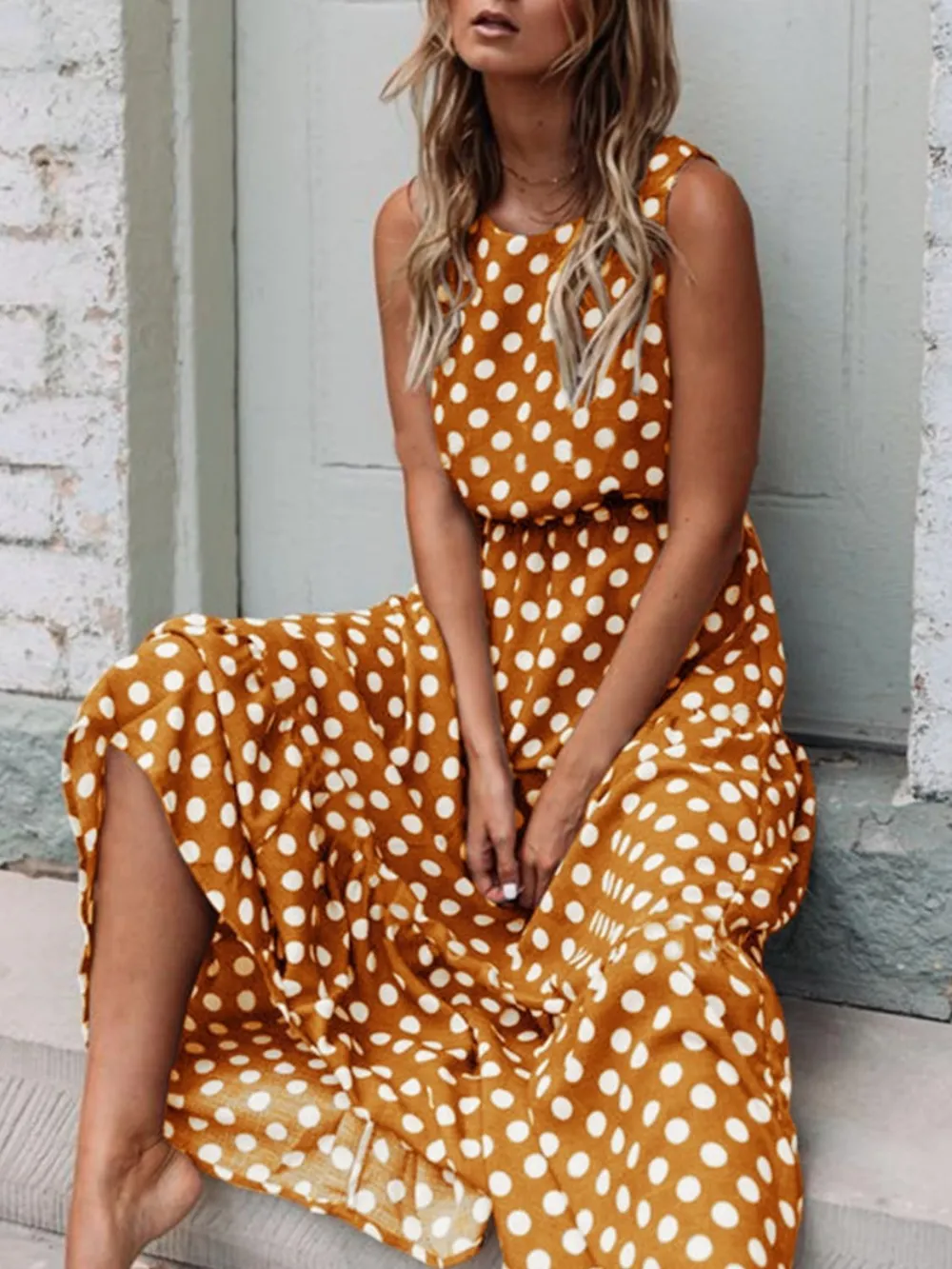Polka Dot Round Neck Sleeveless Midi Dress, image 3