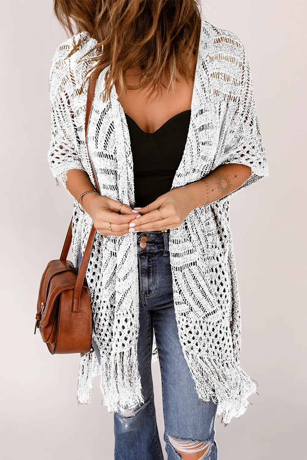 Openwork Open Front Cardigan with Fringes, image 7