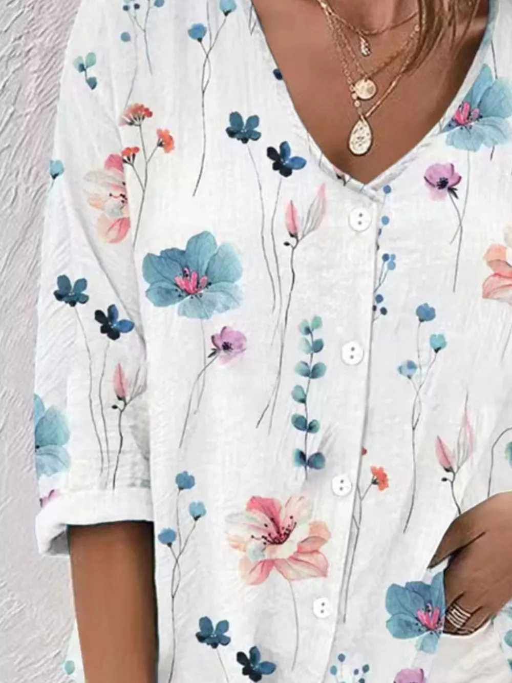 Floral Print V-Neck Button-Down Shirt, image 15