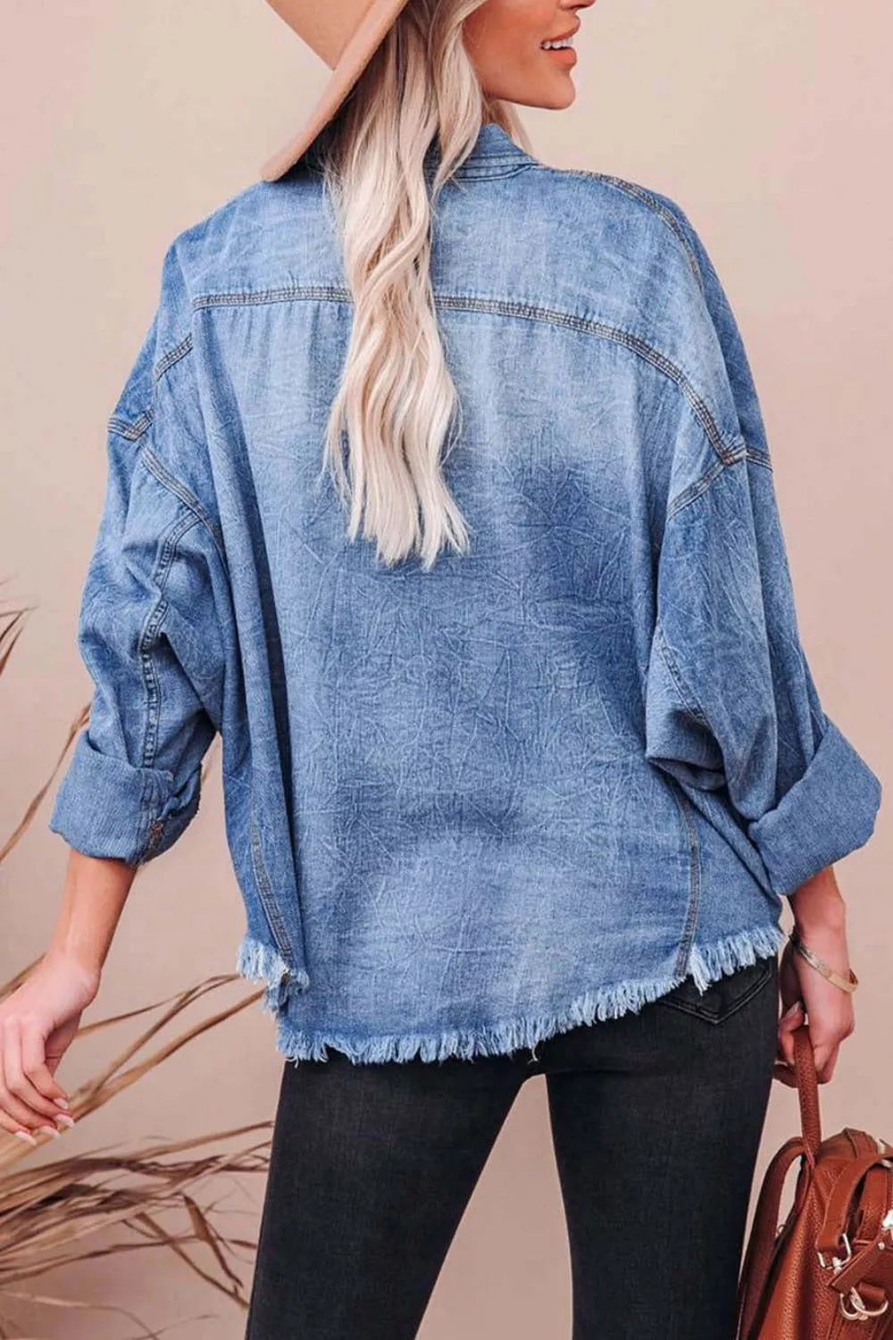 Collared Neck Raw Hem Long Sleeve Denim Shirt, image 2