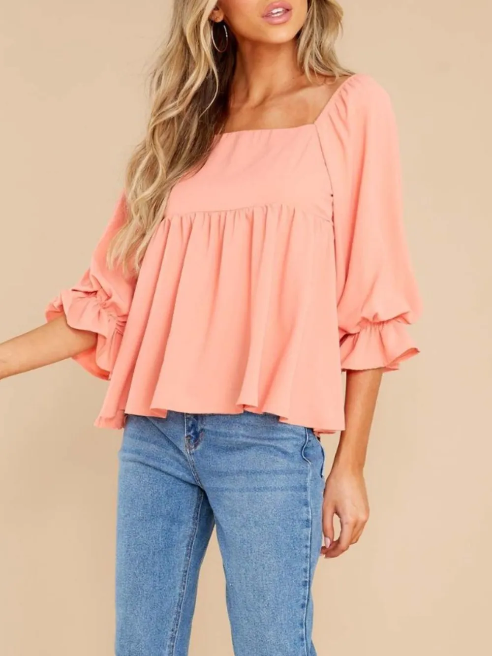 Smocked Square Neck Flounce Sleeve Blouse, image 3