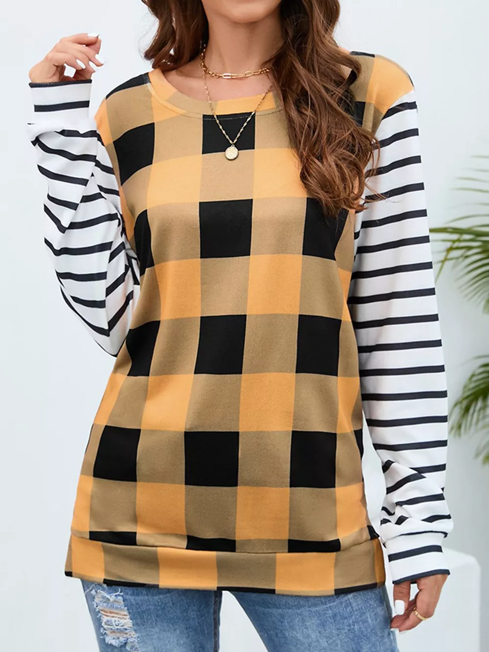 Plaid and Stripe Contrast Long Sleeve T-Shirt, image 5