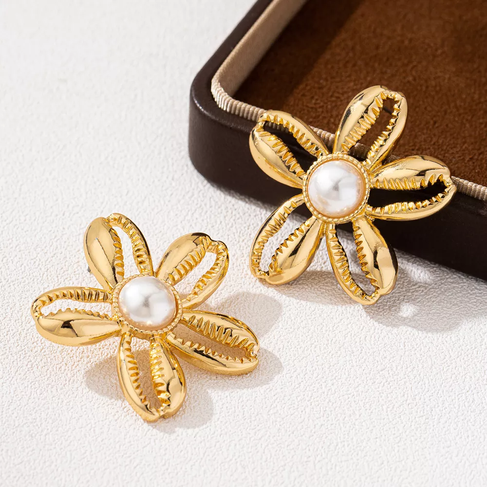 18K Gold-Plated Gold Flower Synthetic Pearl Stud Earrings, image 2