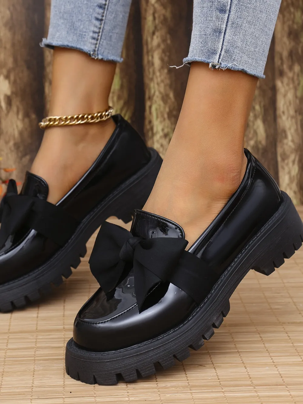 Bow PU Leather Round Toe Loafers, image 2