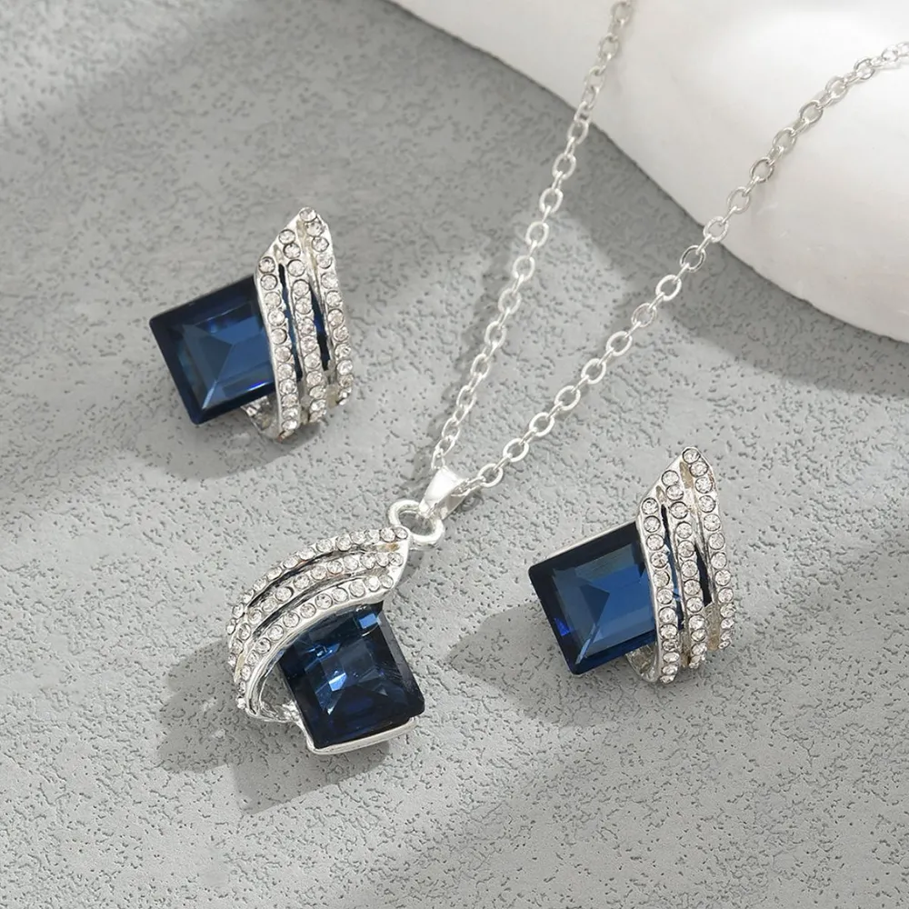 Stainless Steel Crystal Geometric Earrings and Necklace Jewelry Set, image 2