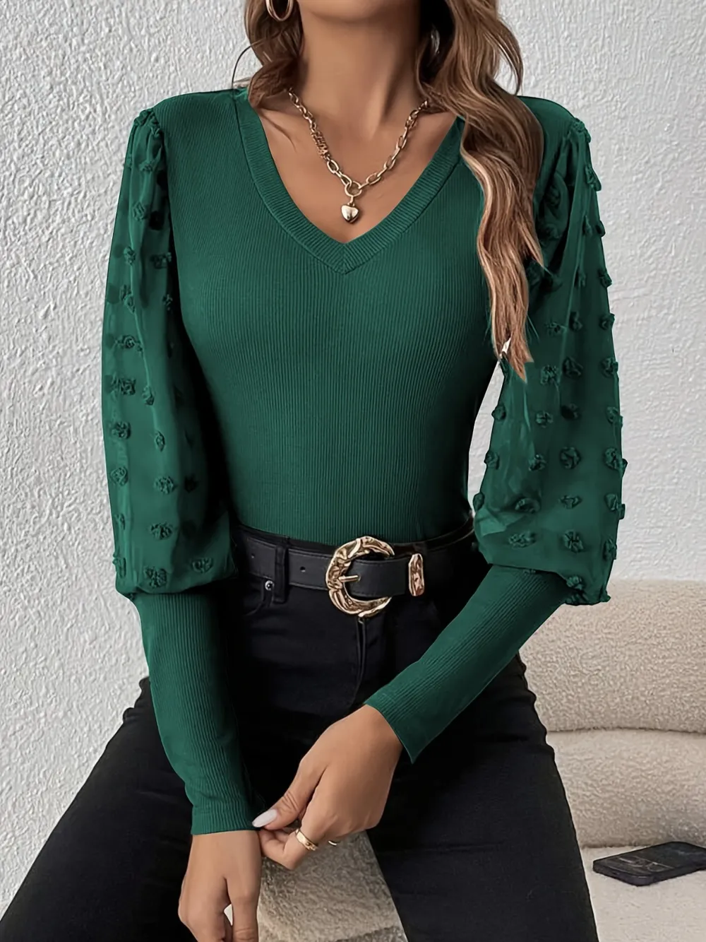 Swiss Dot V-Neck Long Sleeve Top, image 3