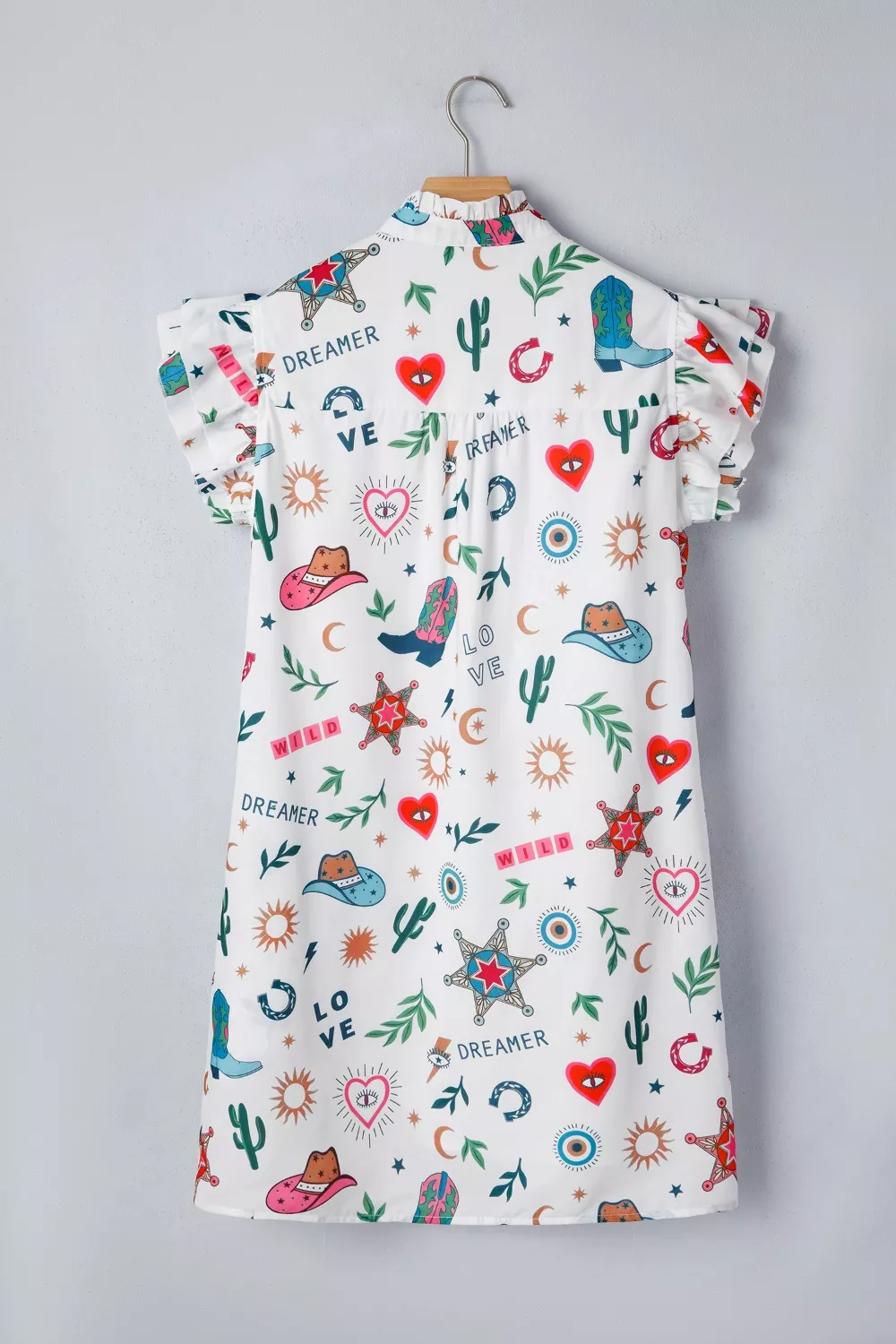 Western Print Flutter Sleeve Button Down Mini Dress, image 5