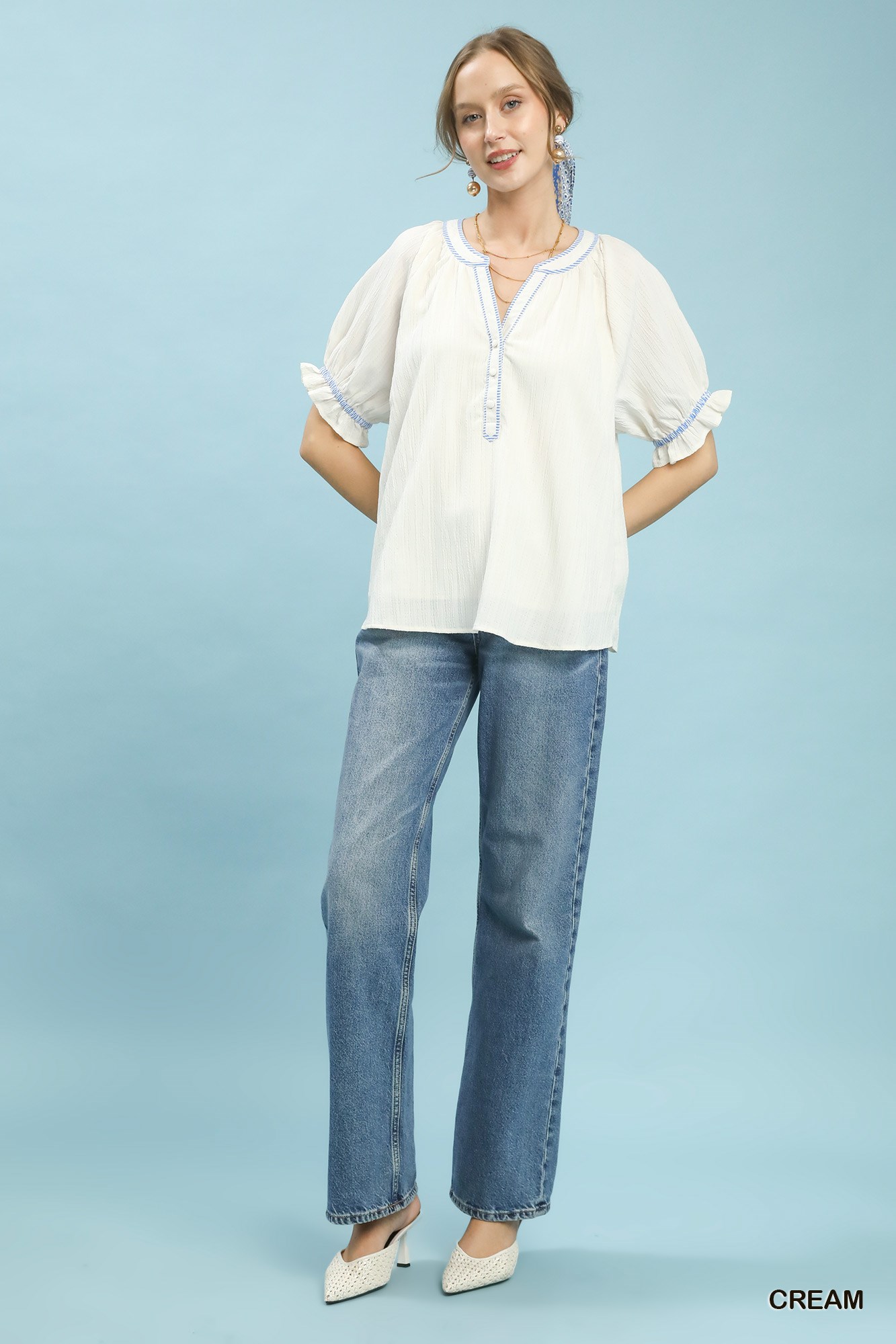 Textured Split Neck Puff Sleeve Top, image 2