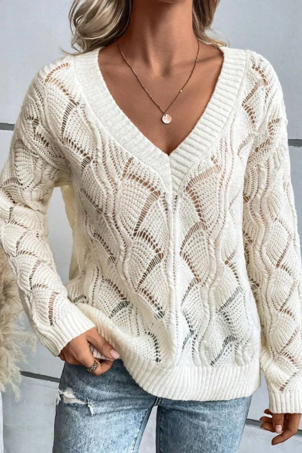 Openwork V-Neck Long Sleeve Sweater, image 2