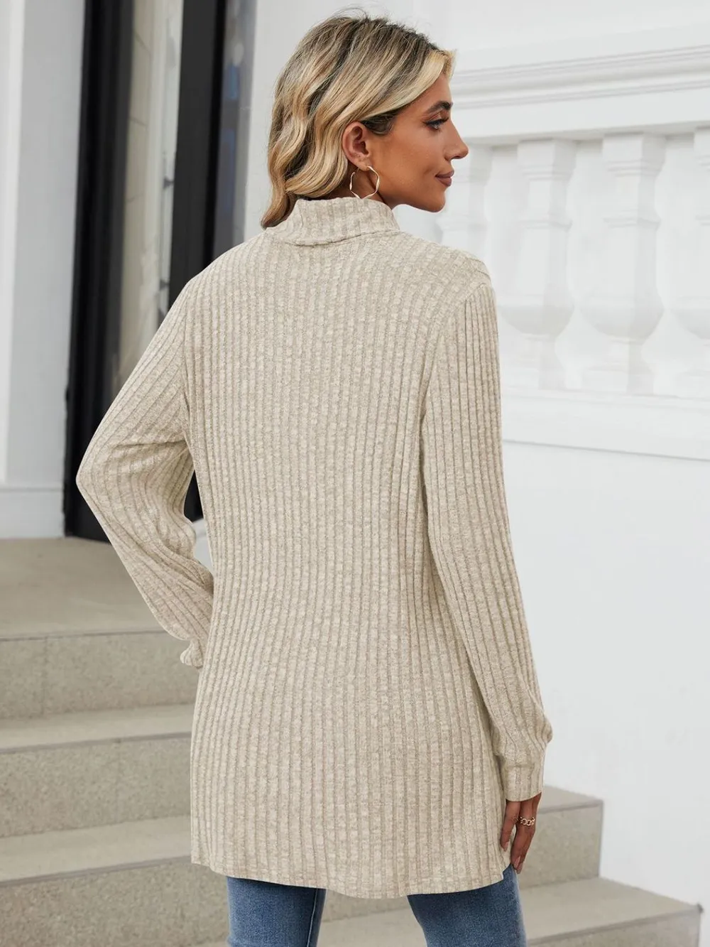 Ribbed Mock Neck Long Sleeve T-Shirt, image 9